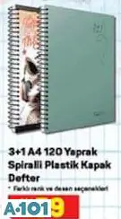 3+1 A4 120 Yaprak Spiralli Plastik Kapak Defter