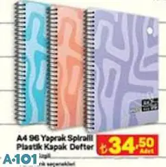 A4 96 Yaprak Spiralli Plastik Kapak Kareli/Çizgili  Defter