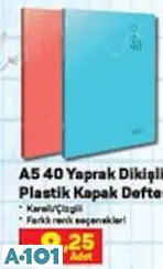 A5 40 Yaprak Dikişli Plastik Kapak Kareli/Çizgili Defter