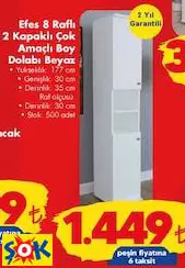 Efes 8 Raflı 2 Kapaklı Çok Amaçlı Boy Dolabı Beyaz