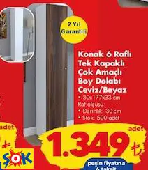 Konak 6 Raflı Tek Kapaklı Çok Amaçlı Boy Dolabı Ceviz/Beyaz