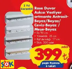 Rose Duvar Askısı Vestiyer Portmanto Antrasit-Beyaz/Beyaz/Ceviz-Beyaz/Meşe-Beyaz