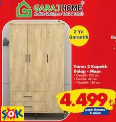 Garaj Home Yaren 3 Kapaklı Dolap Meşe