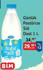 Dost Günlük Pastörize Süt 1 L