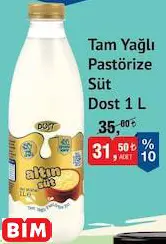 Dost Tam Yağlı Pastörize Süt 1 L