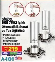 Sinbo SHB 7502 Işıklı Otomatik Baharat ve Tuz Öğütücü