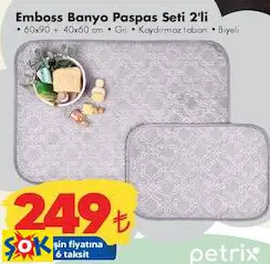 Emboss Banyo Paspas Seti 2'Li 60X90+40X60 Cm Gri