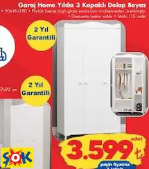 Garaj Home Yıldız 3 Kapaklı Dolap Beyaz