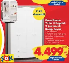 Garaj Home Yıldız 4 Kapaklı 2 Çekmeceli Dolap Beyaz