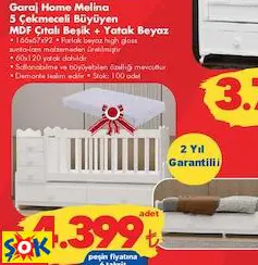 Garaj Home Melina 5 Çekmeceli Büyüyen MDF Çıtalı Beşik + Yatak Beyaz