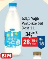 Dost %3.1 Yağlı Pastörize Süt 1 L