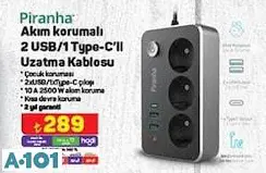 Piranha Akım Korumalı 2 Usb/1 Type-C'li Uzatma Kablosu