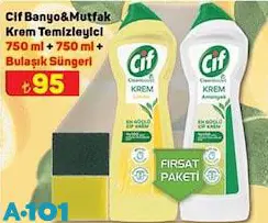 Cif Banyo&Mutfak Krem Temizleyici 750 Ml + 750 Ml + Bulaşık Süngeri