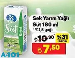 Sek Yarım Yağlı % 1,5 Yağlı Süt 180 Ml