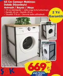 Çamaşır Makinesi Dolabı Düzenleyici 65 Cm Antrasit/Beyaz/Meşe