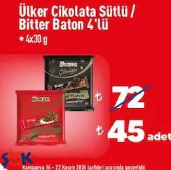 Ülker Çikolata Sütlü/Bitter Baton 4X30 G