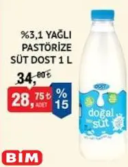 Dost %3.1 Yağlı Pastörize Süt 1 L