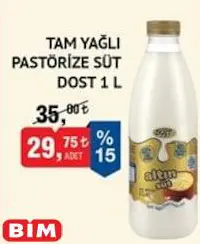 Dost Tam Yağlı Pastörize Süt 1 L