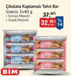 Granio Çikolata Kaplamalı Tahıl Bar 3X40 G