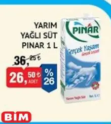 Pınar Yarım Yağlı Süt 1 l