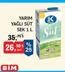 Sek Yarım Yağlı Süt 1 l