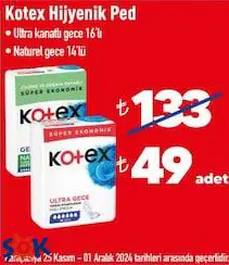 Kotex Hijyenik Ped Ultra Kanatlı Gece16'lı/Naturel Gece 14'lü