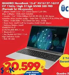 Quadro XU16127-1651F Novabook 16.6 inç Ci7 1265U 16 GB 512 GB NVME SSD FRD Laptop/Dizüstü Bilgisayar