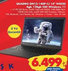 Quadro GN15-140P-CJ 14 inç N4020 4 GB 128 GB SSD Windows 11 Laptop/Dizüstü Bilgisayar