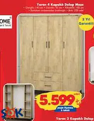 Garaj Home Yaren 4 Kapaklı Dolap Meşe