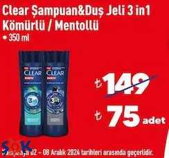 Clear Şampuan&Duş Jeli 3 in1 Kömürlü/Mentollü 350 ml