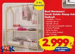 Roof Montessori Çocuk Dolabı Ahşap Askı Hediyeli