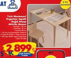 Twin Montessori Organizer Sepetli Doğal Ahşap Aktivite Masası