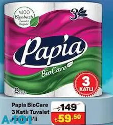 Papia Biocare 3 Katlı Tuvalet Kağıdı 8'Li