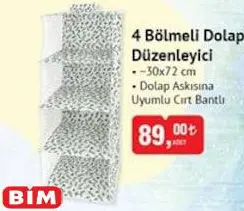 4 Bölmeli Dolap Düzenleyici 30X72 Cm