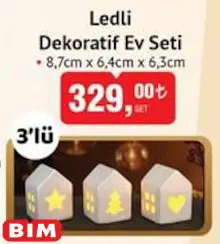 Ledli Dekoratif Ev Seti 3'lü 8,7x6,4x6,3 cm