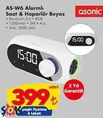 Asonic AS-W6 Alarmlı Saat & Hoparlör Beyaz 12000 Mah