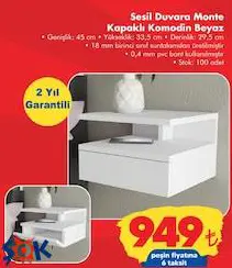 Sesil Duvara Monte Kapaklı Komodin Beyaz