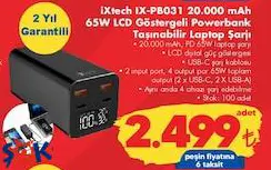 iXtech IX-PB031 20.000 mAh 65 W LCD Göstergeli Powerbank Taşınabilir Laptop Şarjı