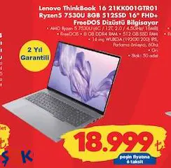 Lenovo Thinkbook 16 21KK001GTR01 Ryzen5 7530U 8 GB 512SSD 16 inç FHD+ Freedos Dizüstü Bilgisayar/Laptop