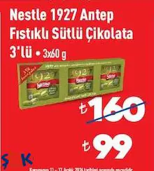 Nestle 1927 Antep Fıstıklı Sütlü Çikolata 3'lü 3x60 g