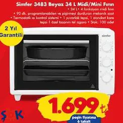 Simfer 3483 Beyaz 34 L Midi/Mini Fırın