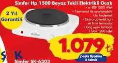 Simfer HP 1500 Beyaz Tekli Elektrikli Ocak