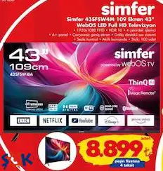 Simfer 43SFSW4M 43 inç 109 Ekran Full HD Uydu Alıcılı WebOS LED Full HD Televizyon Akıllı TV