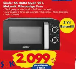 Simfer SK-4603 Siyah 20 l Mekanik Mikrodalga Fırın