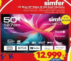 Simfer 50SFSW6M 127 Ekran 50 İnç Webos 4K Uhd Smart Televizyon Akıllı TV