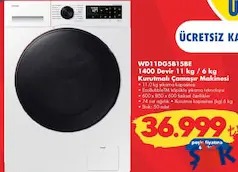 Samsung WD11DG5B15BE 1400 Devir 11 kg / 6 kg Kurutmalı Çamaşır Makinesi