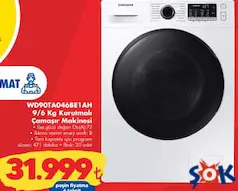 Samsung WD90TA046BE1AH Air Wash 1400 Devir 9 kg / 6 kg Kurutmalı Çamaşır Makinesi