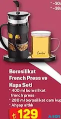 Borosilikat French Press ve Kupa Seti 400 ml