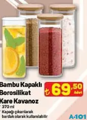 Bambu Kapaklı Borosilikat Kare Kavanoz 370 ml