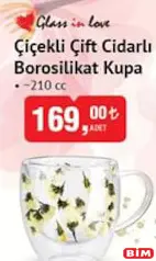 Glass in Love Çiçekli Çift Cidarlı Borosilikat Kupa 210 cc